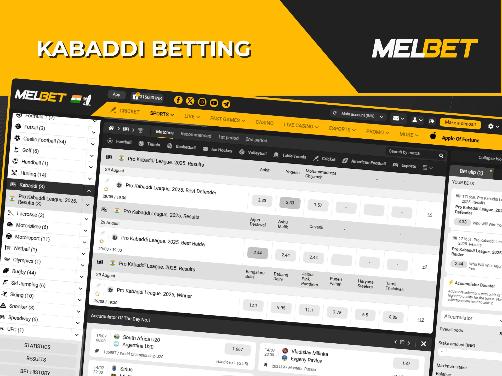 Select the kabaddi match you want to bet on at Melbet.