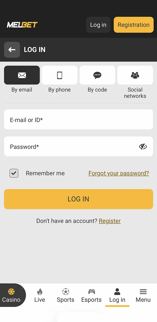 Log in to your Melbet account using one of the methods provided.