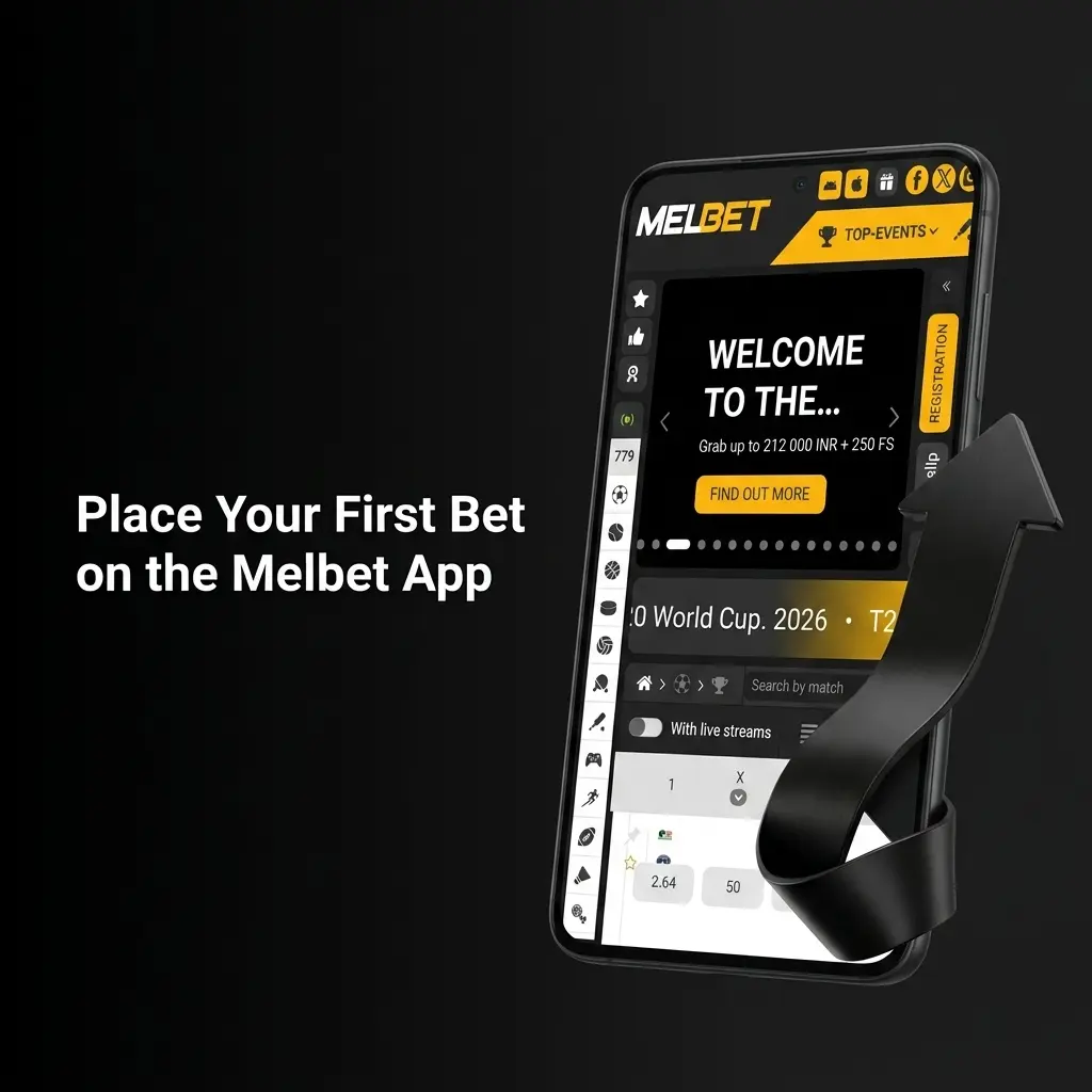 Melbet app interface showing step-by-step first bet placement on a cricket match with bet slip and payout details