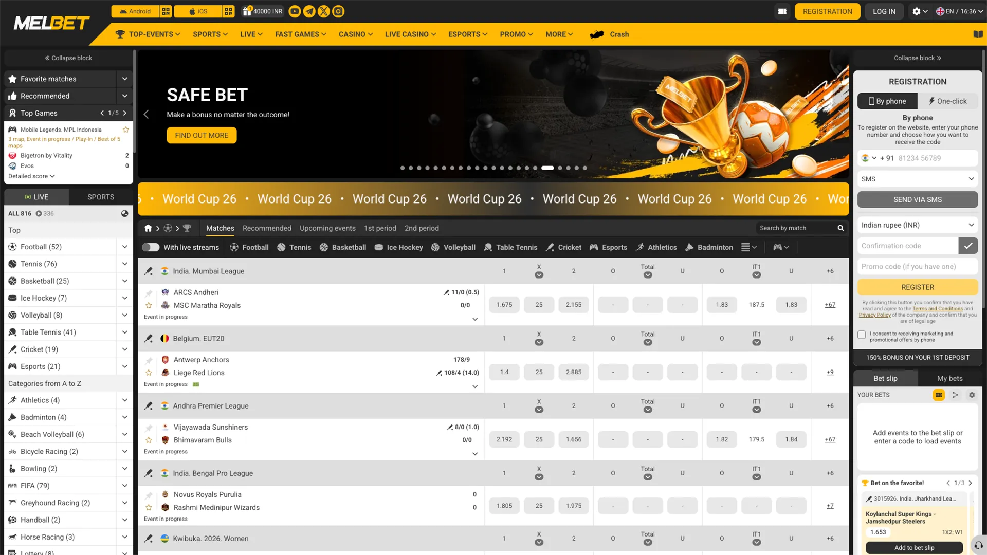 The Melbet homepage.
